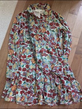 Babydoll Floral Button-Front Tiered Dress - Red, Yellow, Green